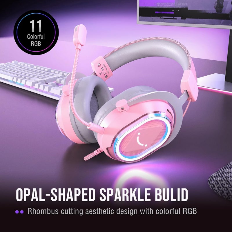FIFINE سماعة ألعاب سلكية RGB، سماعة بث فوق الأذن للكمبيوتر مع USB، صوت محيطي 7.1، ميكروفون مانع للضوضاء، وسادات أذن ناعمة، 4 أوضاع EQ للكمبيوتر، اللابتوب، ماك، PS4، PS5 - AmpliGame H13P (وردي) - Image 4